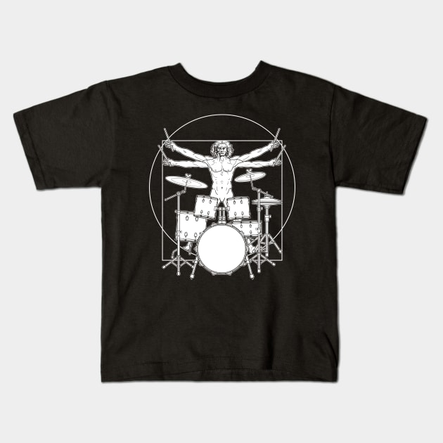 Virtuvian Man Drummer White Kids T-Shirt by sarahwolffie